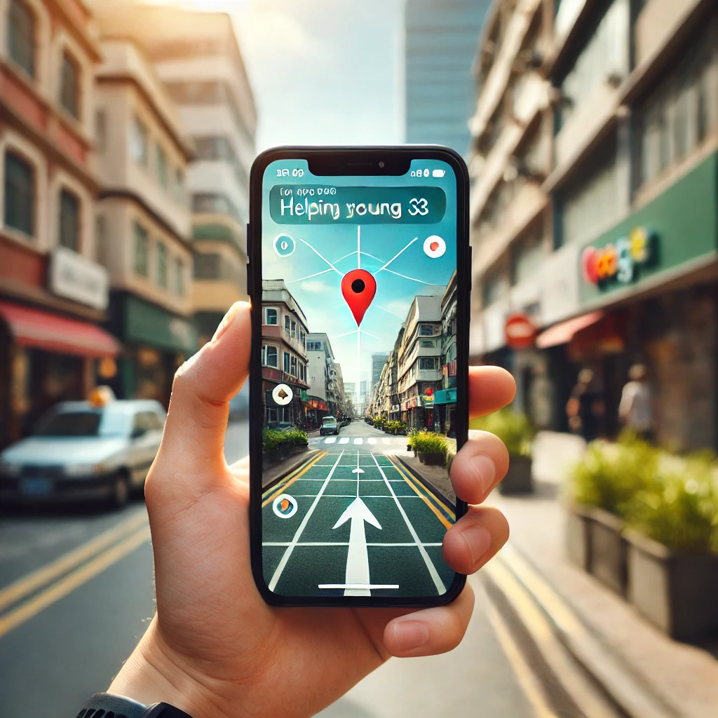 Google Maps - En person står på en stadsgata och håller upp en smartphone. På mobilens skärm syns ett gränssnitt för förstärkt verklighet med pilar och platsnamn överlagrade på den verkliga miljön.