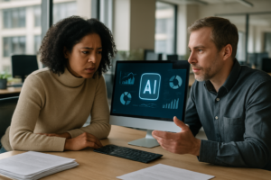 Två personer arbetar med en AI-stödd presentation på ett kontor.