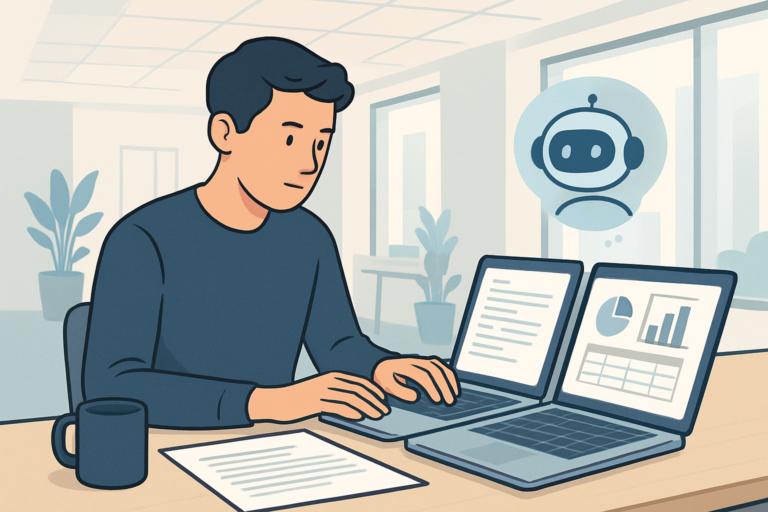 Person som arbetar med dokument och AI-stöd i ett kontorsprogram.