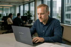 Person arbetar vid dator med AI-stöd i ett kontor