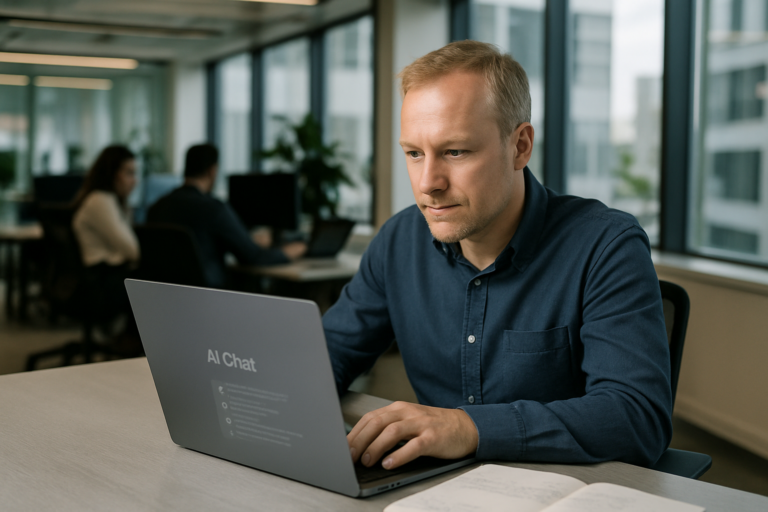Person arbetar vid dator med AI-stöd i ett kontor
