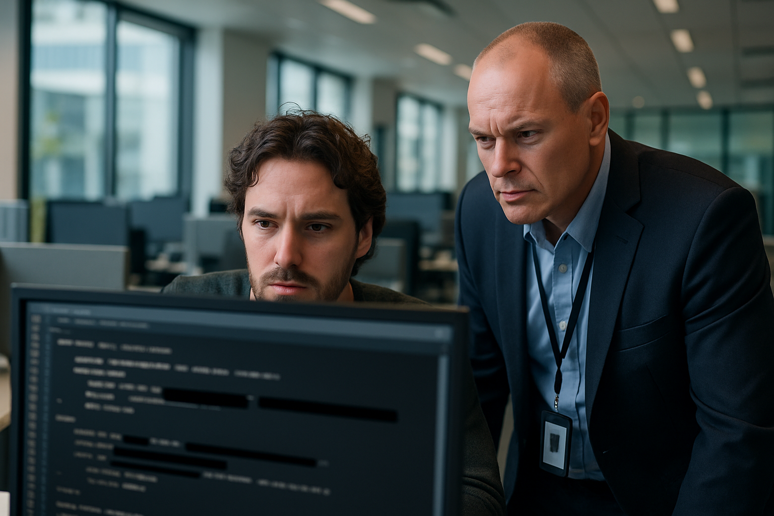 Personer granskar text som anonymiseras på en skärm.