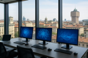 Anthropic öppnar kontor i Milano: ett modernt kontor i Milano med en diskret AI-känsla.
