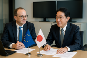 EU och japanska representanter möts i ett modernt teknikmöte.