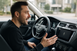 Gemini ersätter Google Assistant i bilar: förare använder en bil med Google inbyggt och röststyrning.