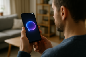 Google gör Android mer hjälpsamt: person som använder en Android-mobil med AI-funktioner.