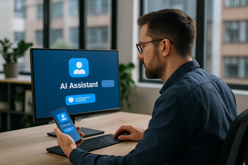 Google gör Gemini till mer än en chattbot: person använder AI-assistent på dator och mobil i en kontorsmiljö.