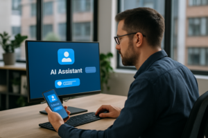 Google gör Gemini till mer än en chattbot: person använder AI-assistent på dator och mobil i en kontorsmiljö.