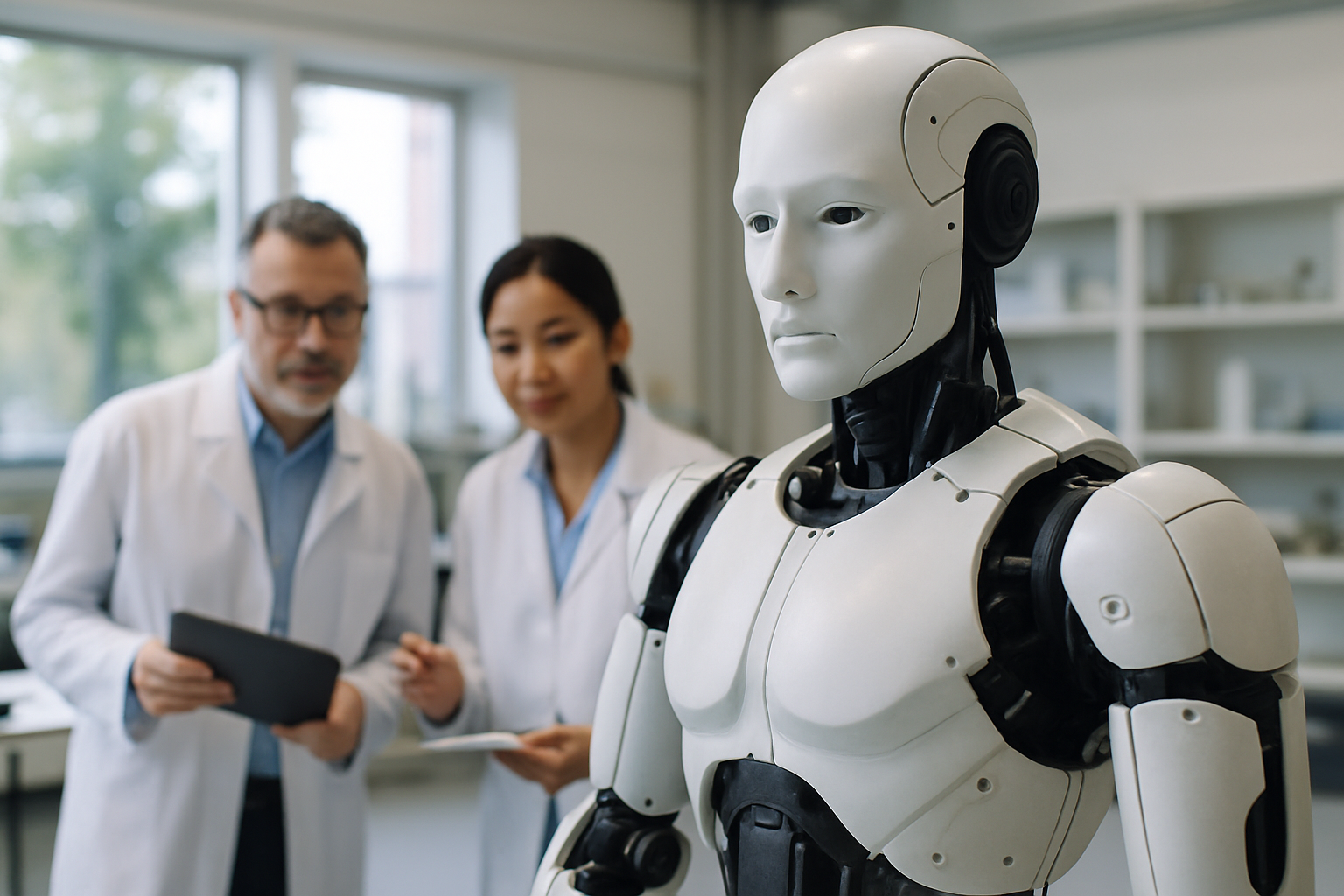 Humanoid robot i ett laboratorium med forskare i bakgrunden.