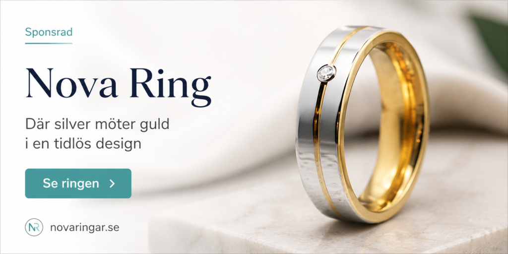 Banner för Nova Ring från Nova Ringar, en silver- och guldfärgad ring med klar sten
