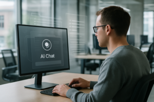 OpenAI justerar sin modellbild för hur ChatGPT ska: person vid dator med en AI-chatt på skärmen.