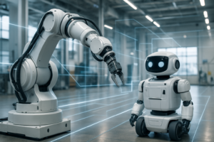 Nvidia släpper Cosmos 3 för fysisk AI och robotar: robotarm och service-robot i industriell miljö.
