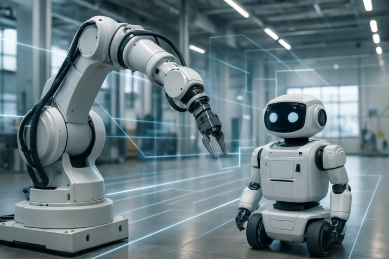 Nvidia släpper Cosmos 3 för fysisk AI och robotar: robotarm och service-robot i industriell miljö.