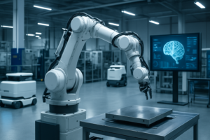 Nvidia släpper nya öppna verktyg för fysisk AI: robotarm i en modern industrimiljö.