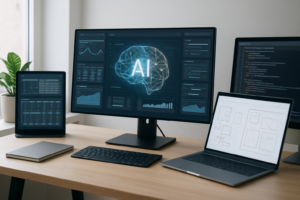 OpenAI gör Codex mer användbart för fler än utvecklare: digital arbetsmiljö med AI-verktyg på flera skärmar.