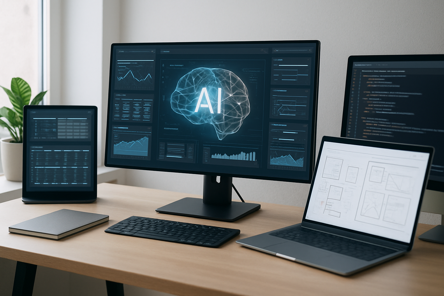 OpenAI gör Codex mer användbart för fler än utvecklare: digital arbetsmiljö med AI-verktyg på flera skärmar.