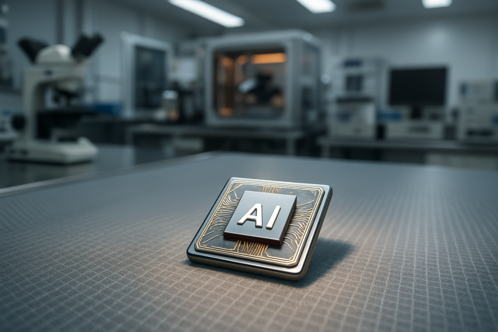 OpenAI visar sin första egenutvecklade chip-krets: aI-chip i ett halvledarlabb.