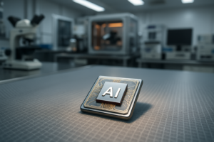 OpenAI visar sin första egenutvecklade chip-krets: aI-chip i ett halvledarlabb.