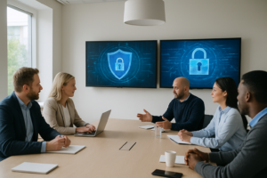 Regeringen samlade myndigheter om AI-drivna cyberhot: möte om AI och cybersäkerhet i ett ljust konferensrum.