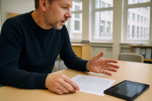 AI-reglerna närmar sig – därför spelar 2 augusti roll: en person som går igenom AI-regler vid ett bord i en ljus