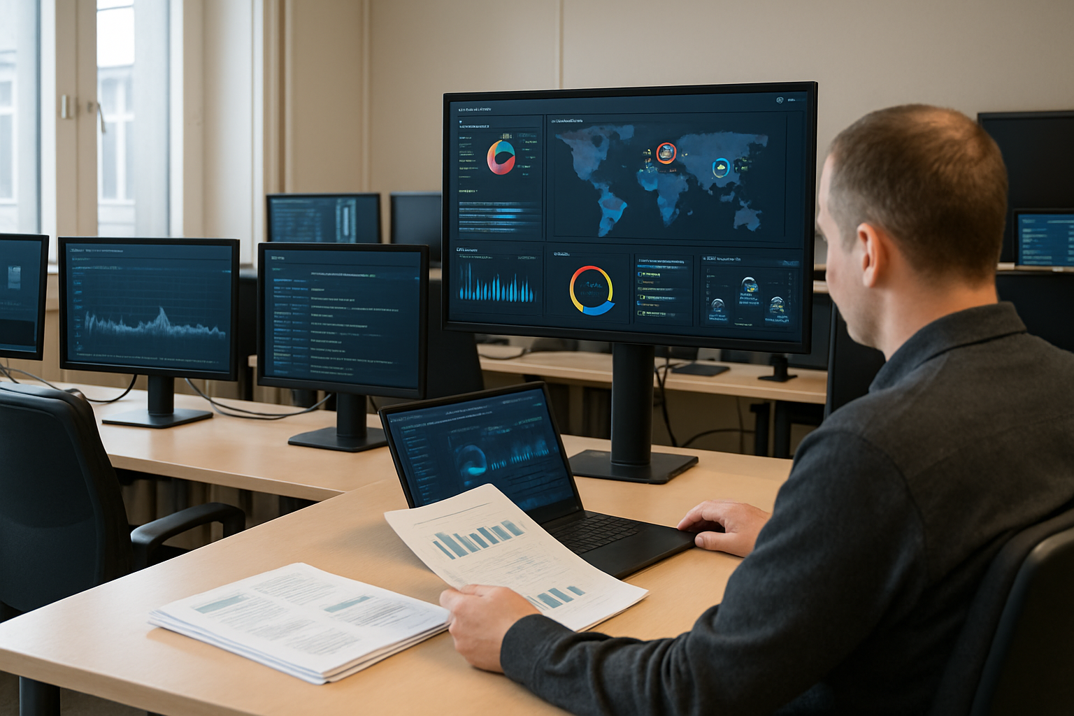 Regeringen vill samla AI-arbetet mot cyberhot: ljusa skärmar i ett svenskt cybersäkerhetsrum.