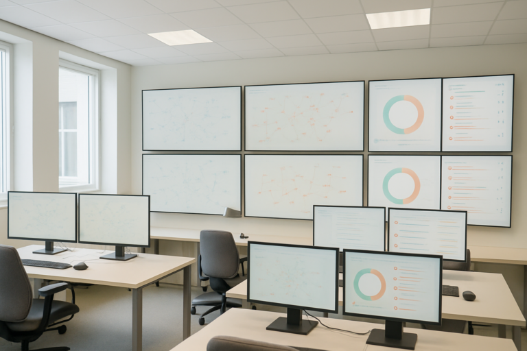Regeringen vill samla AI-arbetet mot nya cyberhot: ljus kontrollmiljö för cybersäkerhet med skärmar och nätverkskartor.