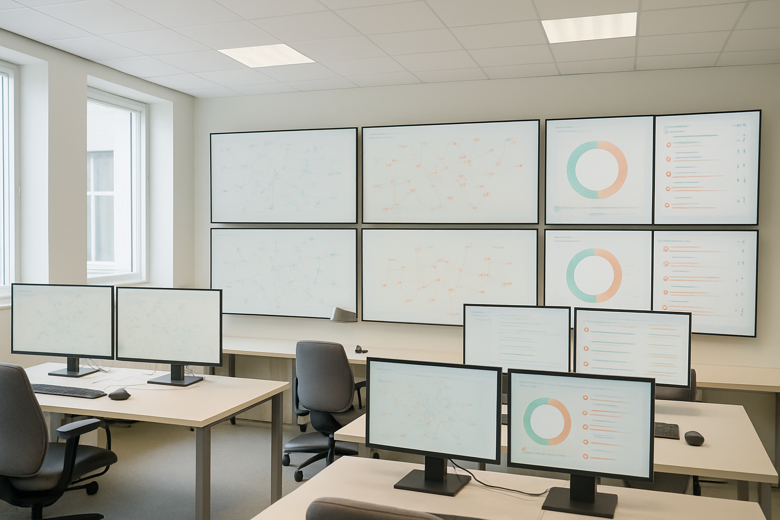 Regeringen vill samla AI-arbetet mot nya cyberhot: ljus kontrollmiljö för cybersäkerhet med skärmar och nätverkskartor.
