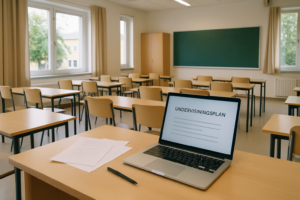 Skolverket följer upp hur lärare använder AI i: ljust klassrum med dator och undervisningsmaterial.