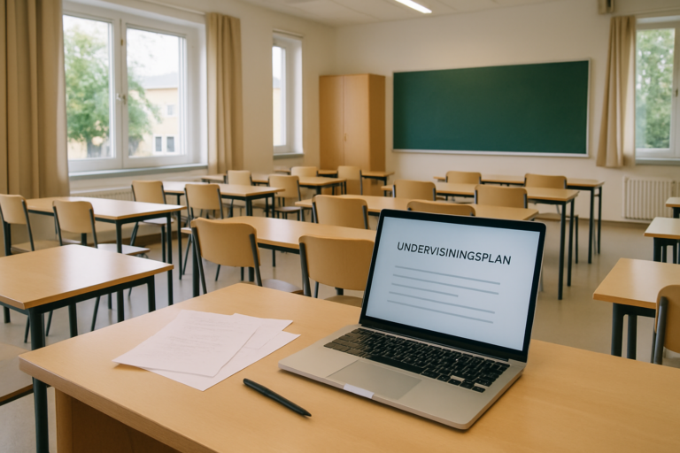 Skolverket följer upp hur lärare använder AI i: ljust klassrum med dator och undervisningsmaterial.