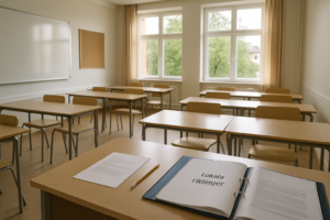 Skolverket ger nya råd om AI i skolan: ljust klassrum med papper och pärm på lärarbordet.