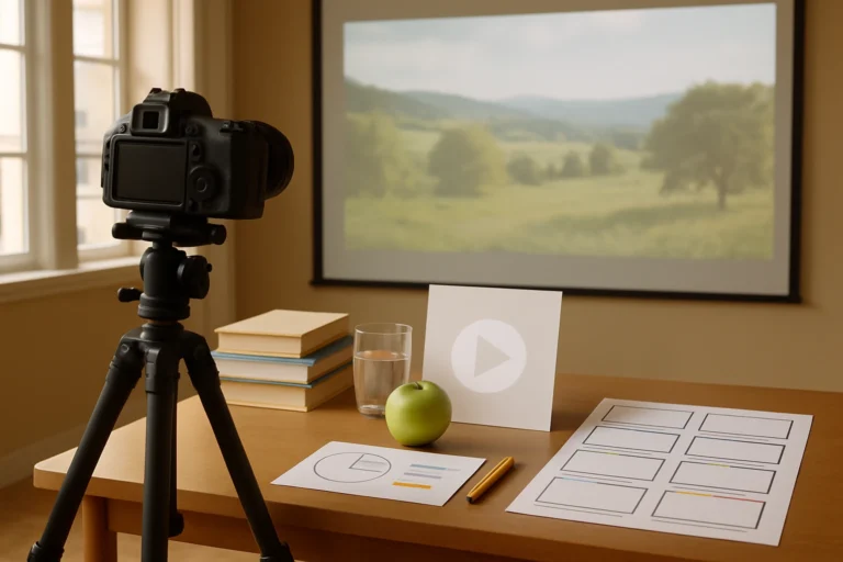 Ljus videostudio med kamera, bildmanus och projektion av en naturbild.
