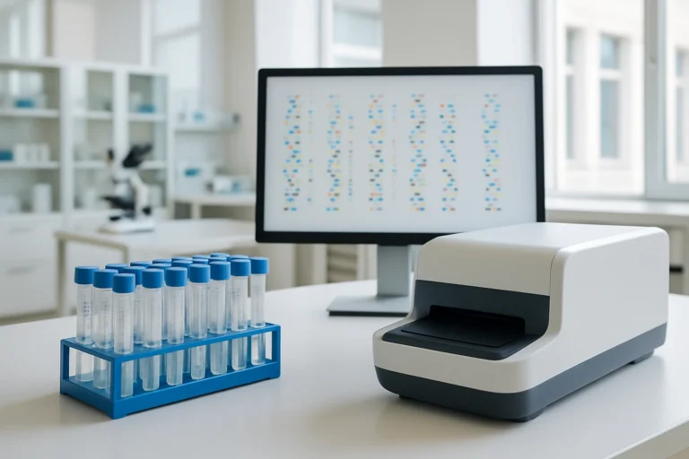 Provrör och utrustning i ett ljust medicinskt genetiklaboratorium.