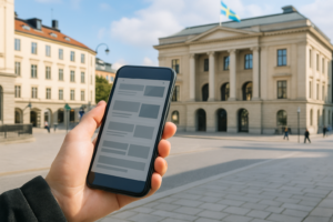 EU börjar tillämpa nya AI-regler – det här ändras för: en person i en ljus offentlig miljö med mobiltelefon, som symbol för