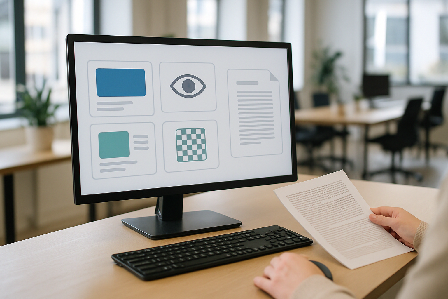 EU:s AI-regler är på väg att bli verklighet för fler: person granskar digitalt innehåll och regler på en skärm.