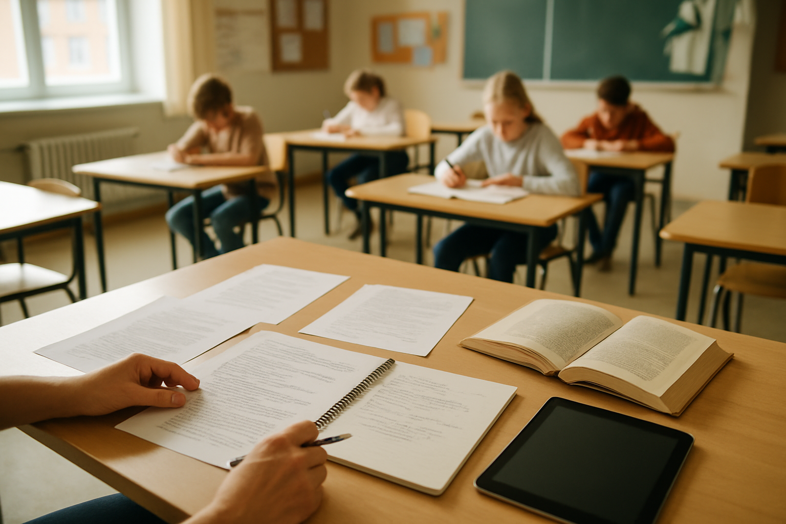 Skolverket: allt fler lärare använder AI – men många: lärare förbereder undervisning i ett ljust klassrum.