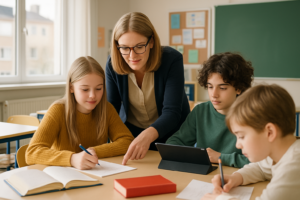 Skolverket skärper råden om AI i klassrummet: lärare och elever i ett klassrum med digitala hjälpmedel.