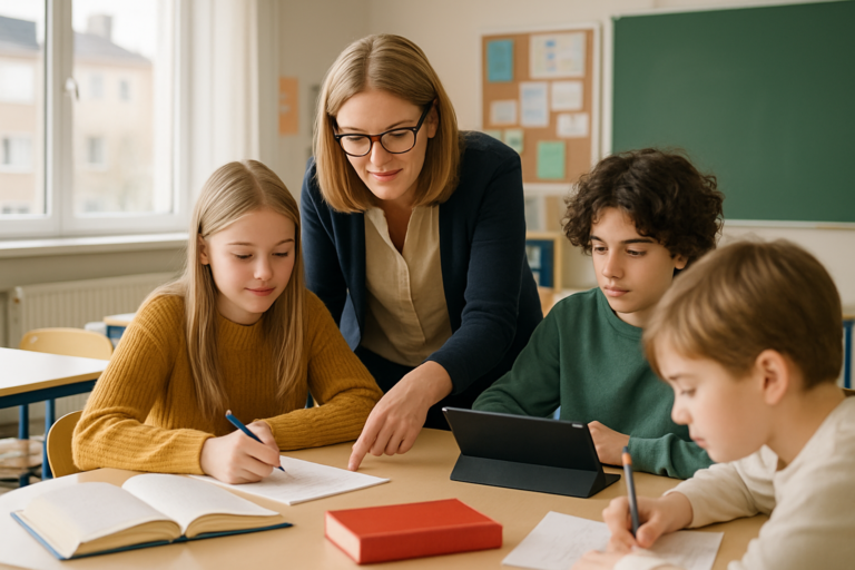 Skolverket skärper råden om AI i klassrummet: lärare och elever i ett klassrum med digitala hjälpmedel.