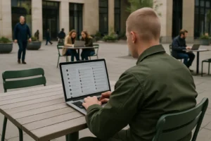 Surfplatta med ett anonymt flöde av många sociala mediekonton på ett köksbord.