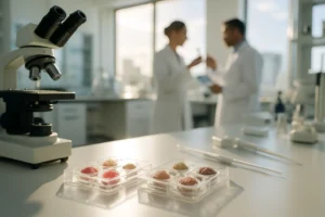 Vävnadsmodeller och laboratorieutrustning i ett ljust biomedicinskt laboratorium.