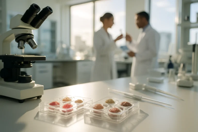 Vävnadsmodeller och laboratorieutrustning i ett ljust biomedicinskt laboratorium.
