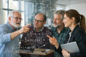 Forskare diskuterar ett matematiskt bevis vid en glasvägg.