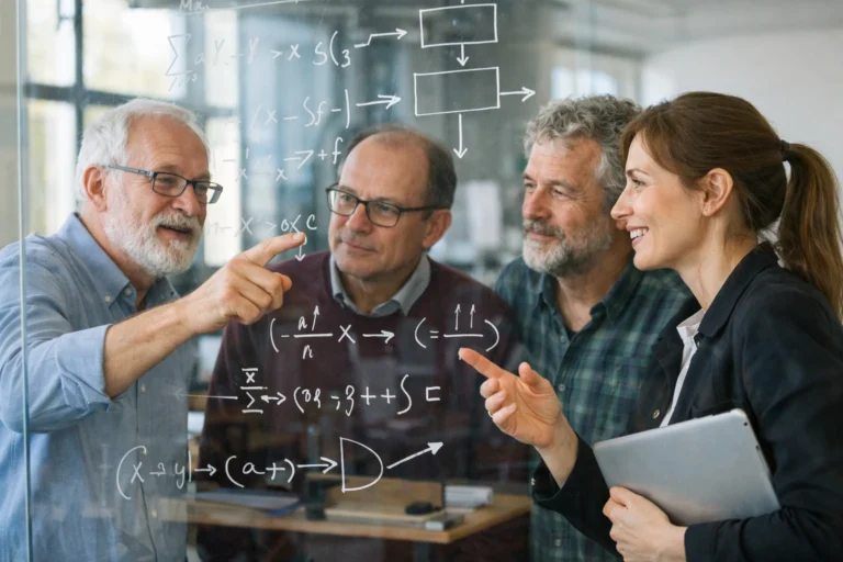 Forskare diskuterar ett matematiskt bevis vid en glasvägg.