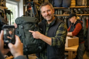 Butiksägare filmar en ryggsäck i en liten friluftsbutik.