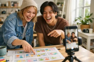 Två personer spelar in och planerar en kort video med en mobil på stativ.