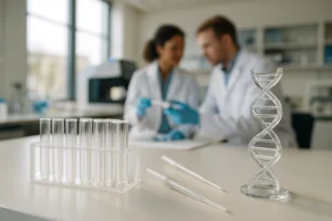 Provrör och laboratorieutrustning i ett ljust forskningslabb där genetiskt material analyseras.