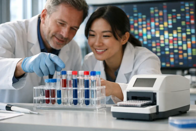 Två forskare arbetar med prover och DNA-analyser i ett ljust laboratorium.