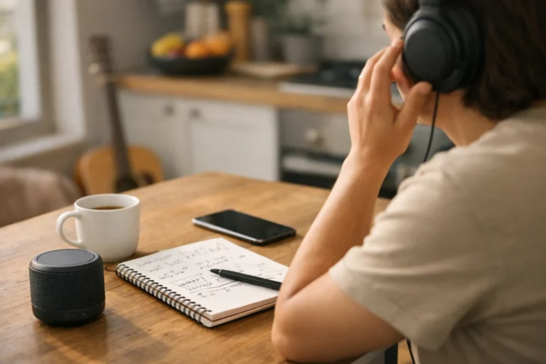 Person hemma vid köksbord som lyssnar på en egen musikidé i hörlurar.