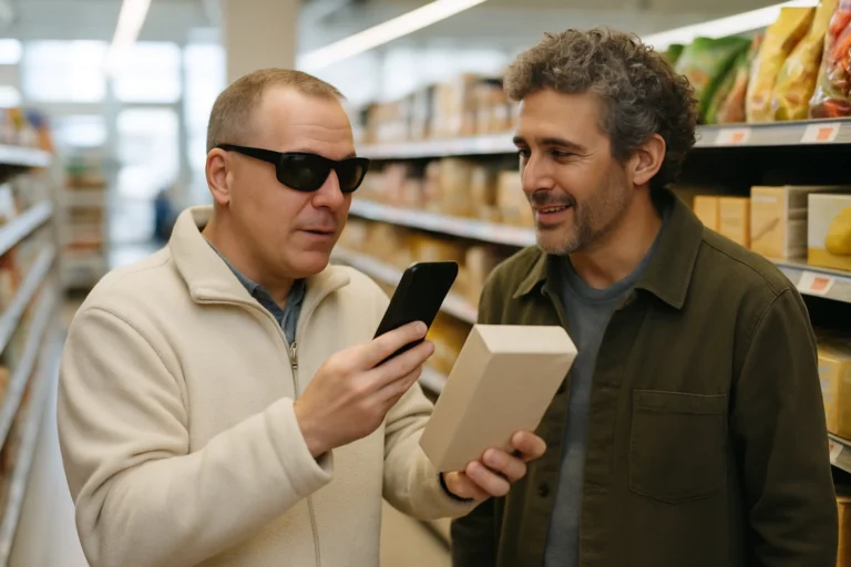 En person använder mobilkameran för att få hjälp att undersöka en förpackning i en matbutik.