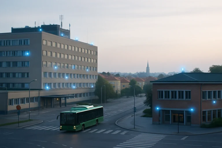 Svensk stadsmiljö med samhällsviktiga byggnader i morgonljus.
