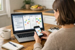 Person som använder en AI-chatt på en bärbar dator för att planera arbete och vardag.